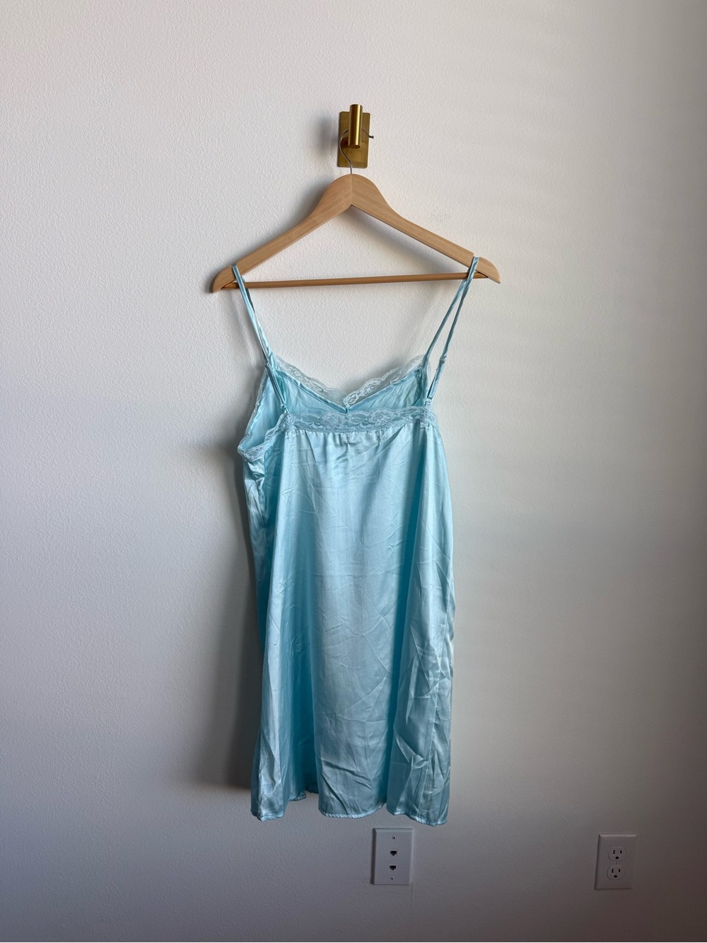 Vintage Satin Slip Dress Nightgown Lace Trim Light Blue Adjustable Straps OS - Picture 8 of 8